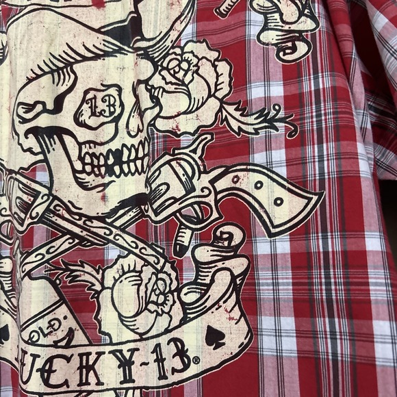 Lucky 13 Ride Culture Plaid Red Button Up Short Sleeve Shirt 2XL Dead Man's Hand - Picture 14 of 16